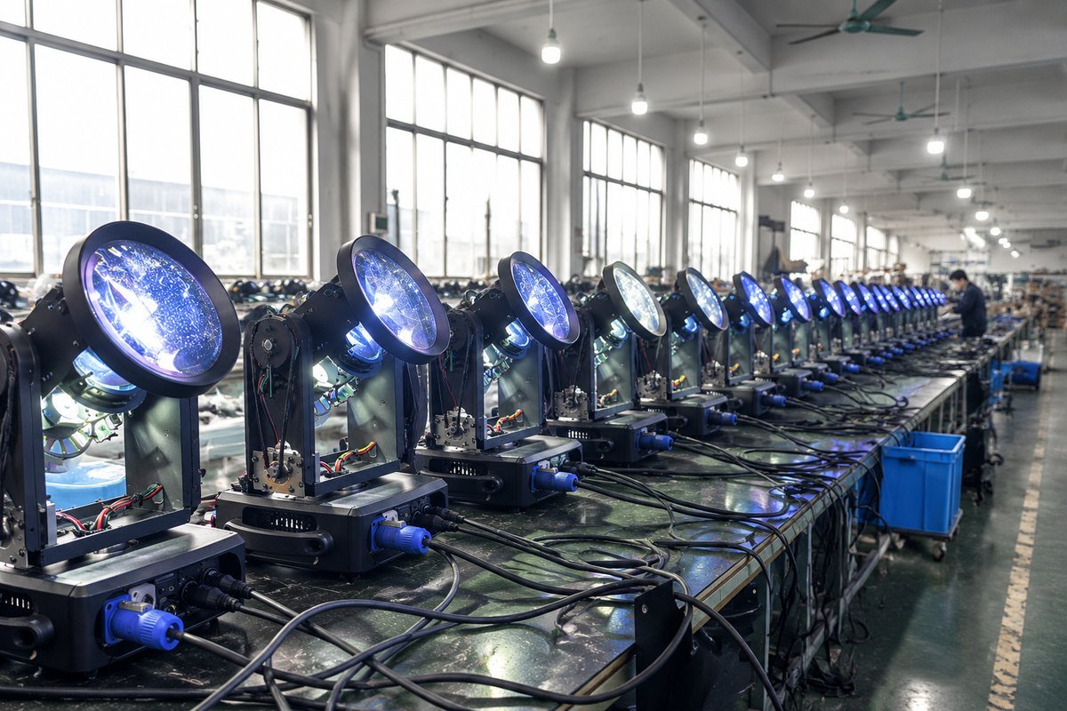 Moving-head fixtures on a powered aging-test bench with blue PowerCON cables